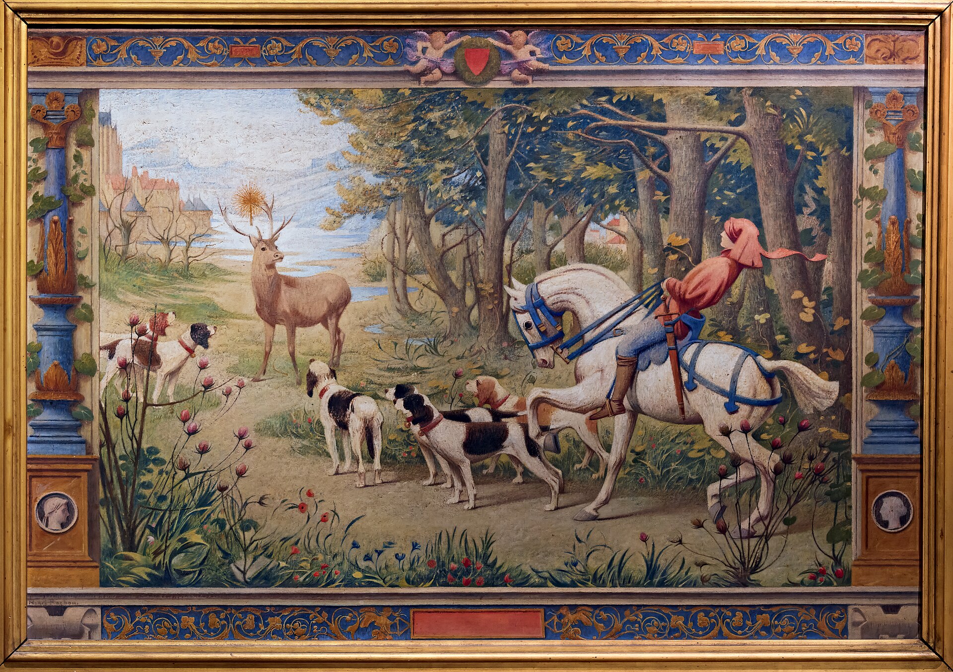 A detailed Renaissance tapestry shows a stag hunt with riders on horseback and hunting hounds in a forest landscape.